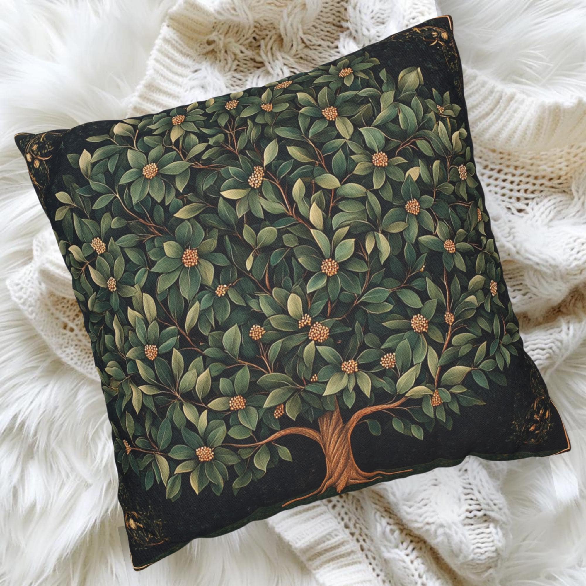 Ornamental Botanical Tree Throw Pillow, Vintage Garden Foliage Cushion, Classic Greenery Decor, Timeless Nature Accent Pillow