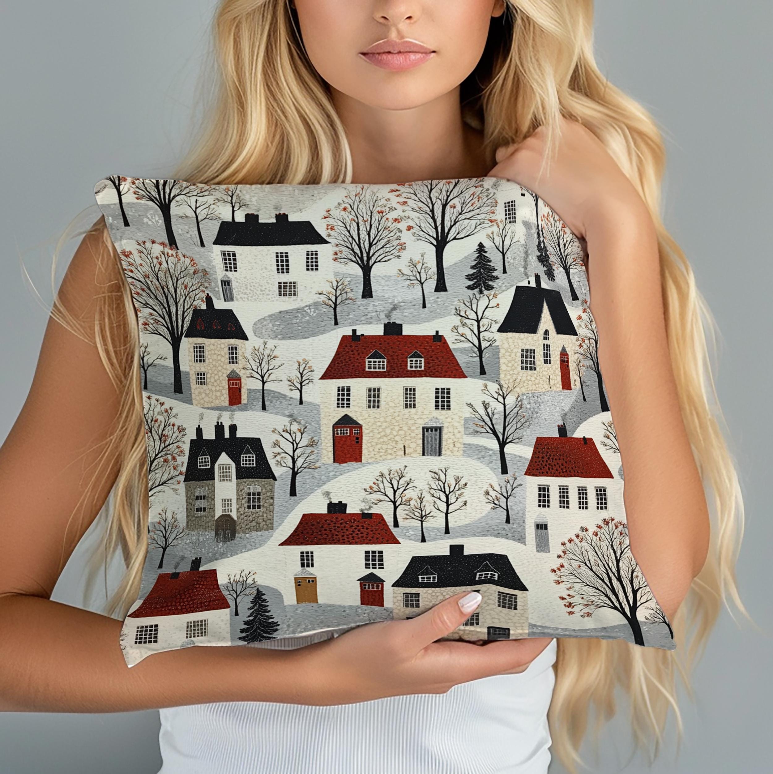 Whimsical Winter Village Throw Pillow, Cozy Snowy Cottage Pattern Cushion, Storybook Homes Winter Decor, Charming Holiday Accent Pillow