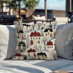 Whimsical Winter Village Throw Pillow, Cozy Snowy Cottage Pattern Cushion, Storybook Homes Winter Decor, Charming Holiday Accent Pillow