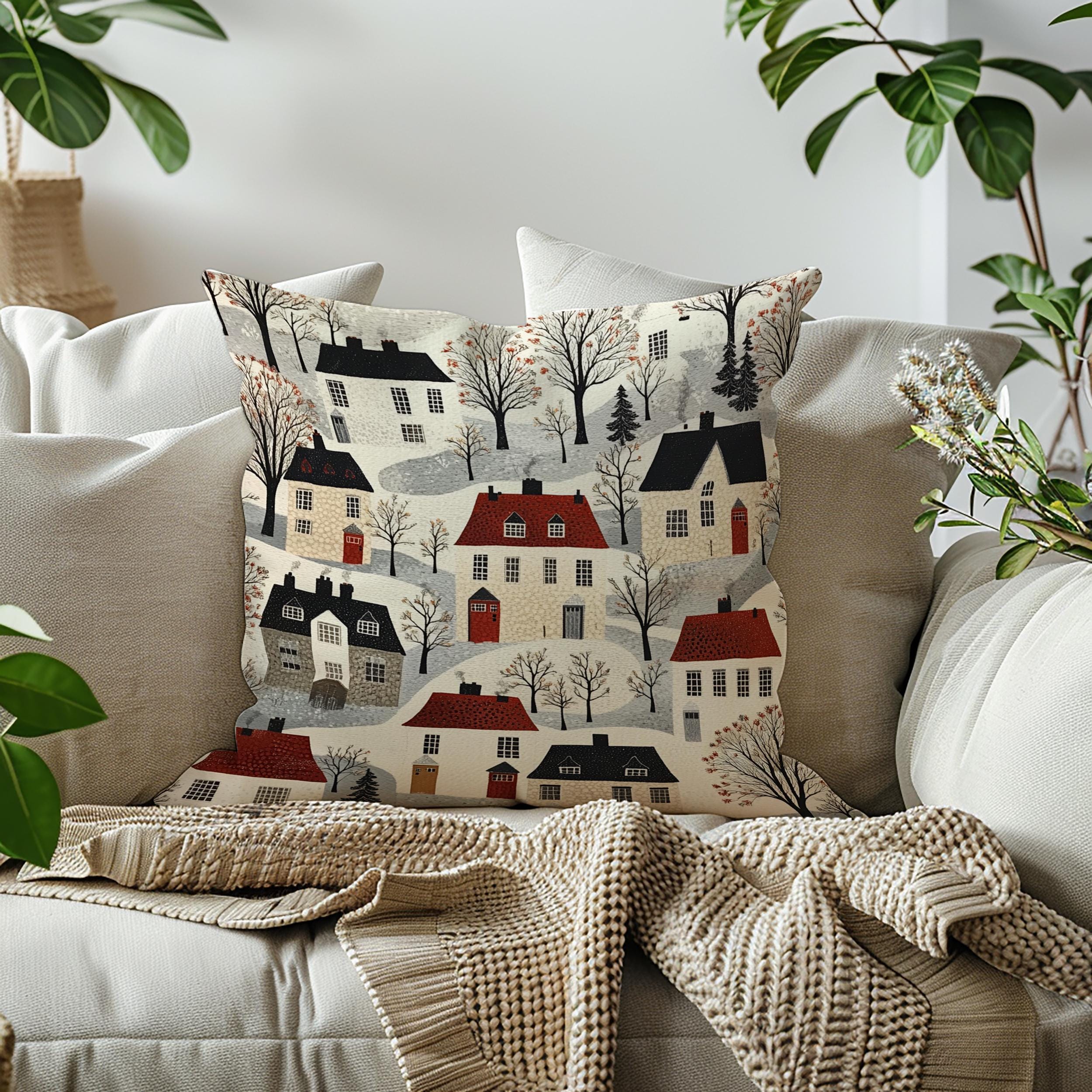 Whimsical Winter Village Throw Pillow, Cozy Snowy Cottage Pattern Cushion, Storybook Homes Winter Decor, Charming Holiday Accent Pillow