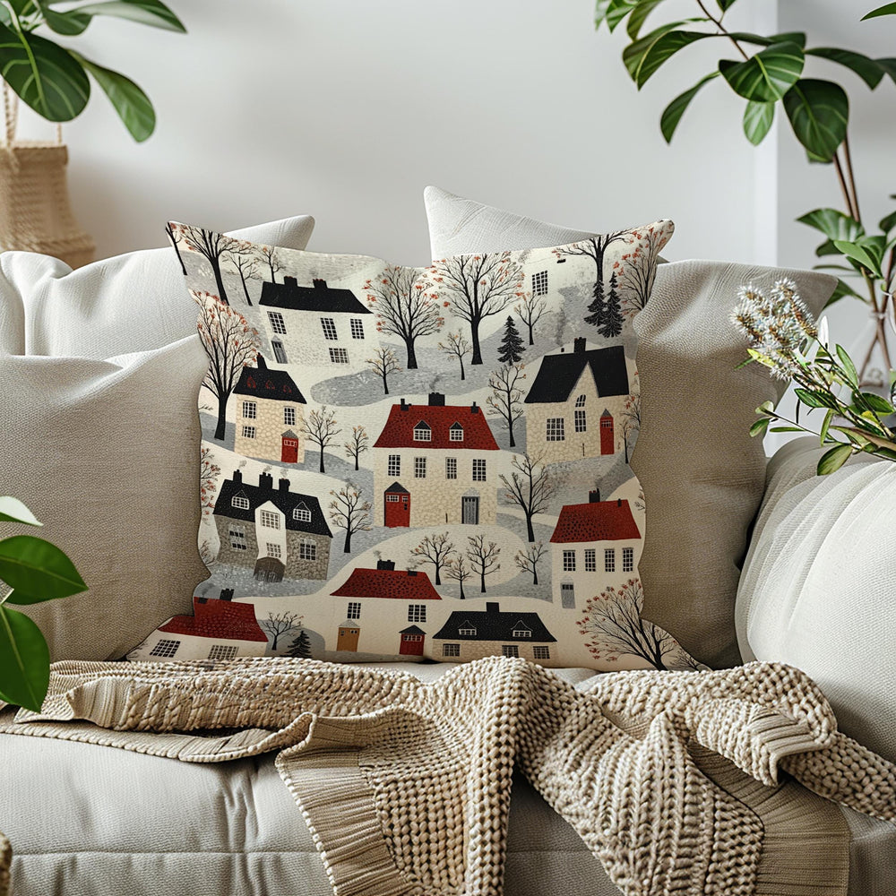 Whimsical Winter Village Throw Pillow, Cozy Snowy Cottage Pattern Cushion, Storybook Homes Winter Decor, Charming Holiday Accent Pillow