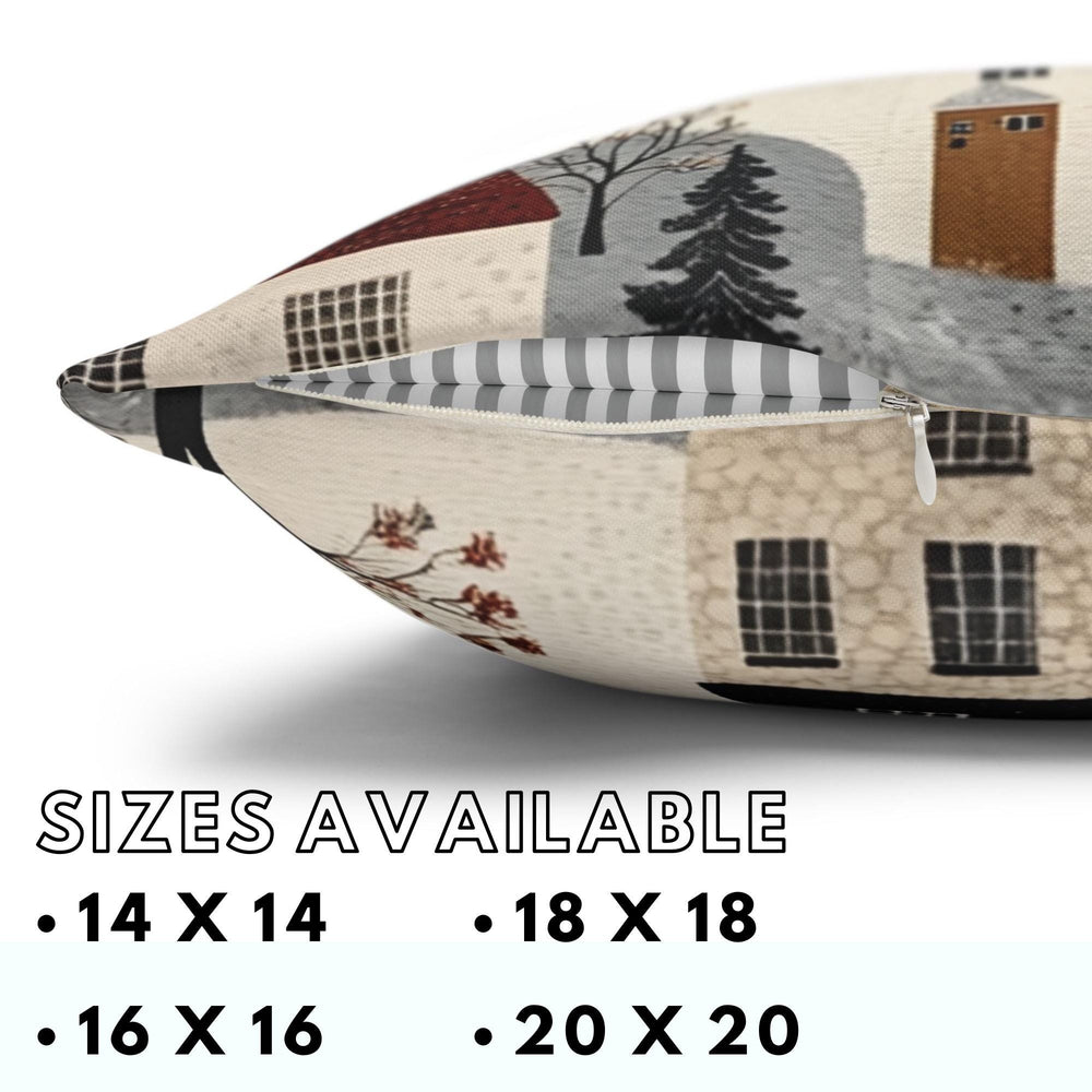 Whimsical Winter Village Throw Pillow, Cozy Snowy Cottage Pattern Cushion, Storybook Homes Winter Decor, Charming Holiday Accent Pillow