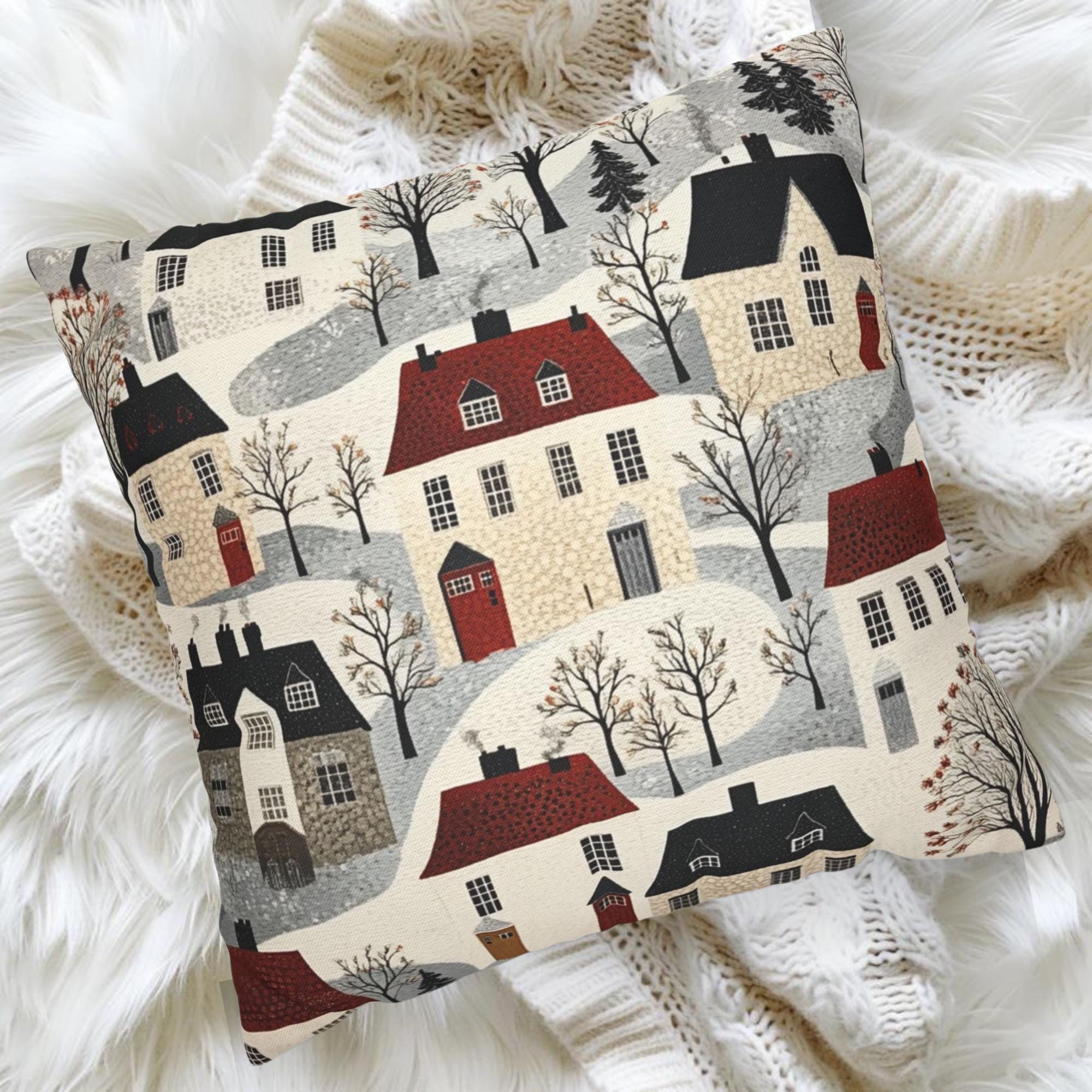 Whimsical Winter Village Throw Pillow, Cozy Snowy Cottage Pattern Cushion, Storybook Homes Winter Decor, Charming Holiday Accent Pillow