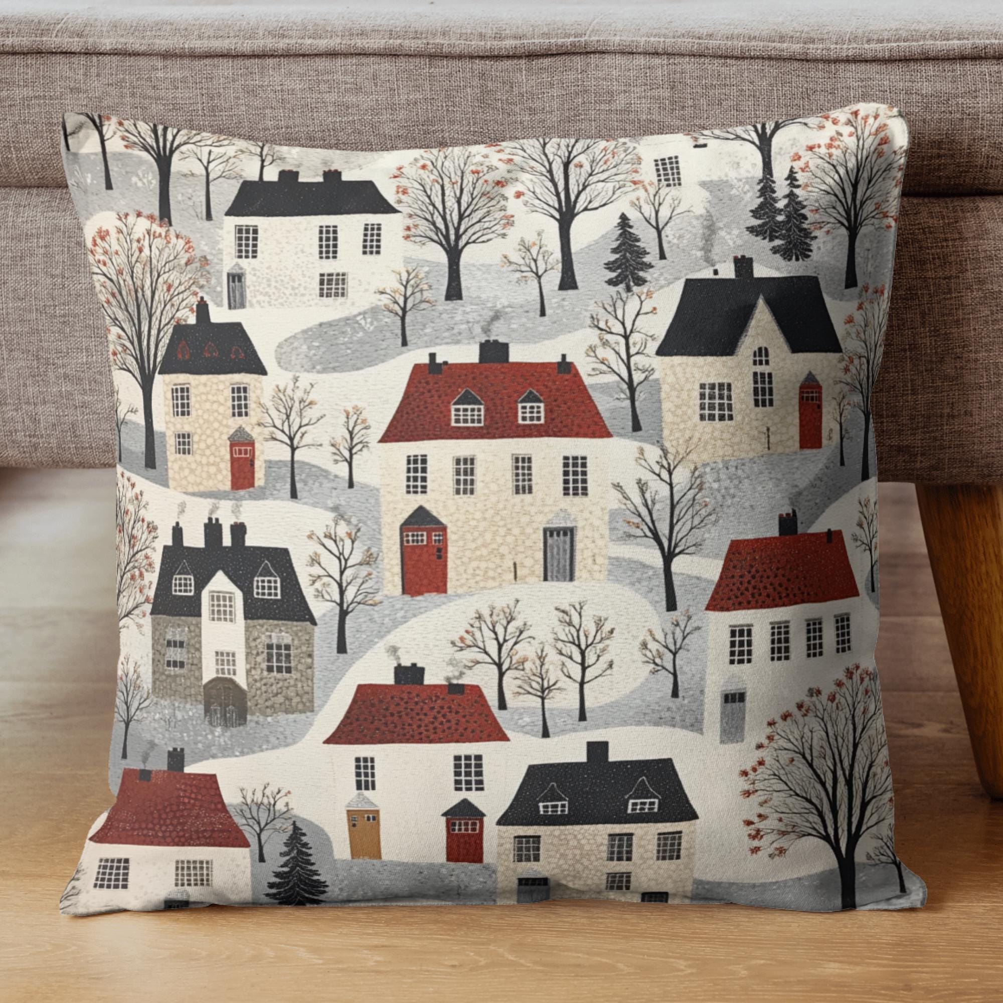 Whimsical Winter Village Throw Pillow, Cozy Snowy Cottage Pattern Cushion, Storybook Homes Winter Decor, Charming Holiday Accent Pillow