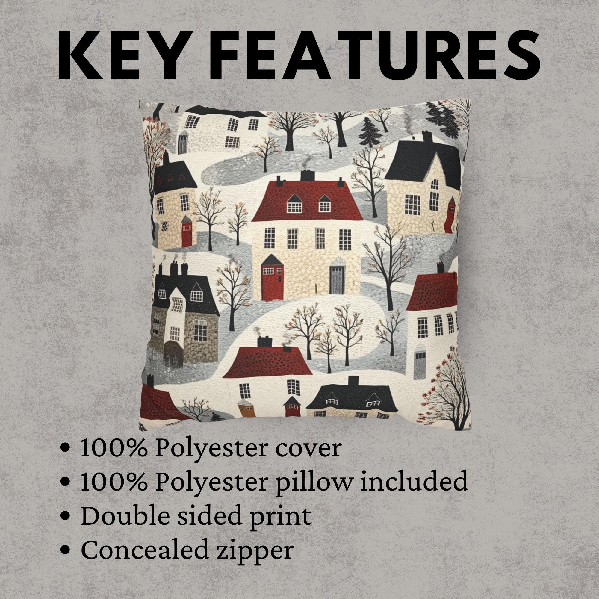 Whimsical Winter Village Throw Pillow, Cozy Snowy Cottage Pattern Cushion, Storybook Homes Winter Decor, Charming Holiday Accent Pillow