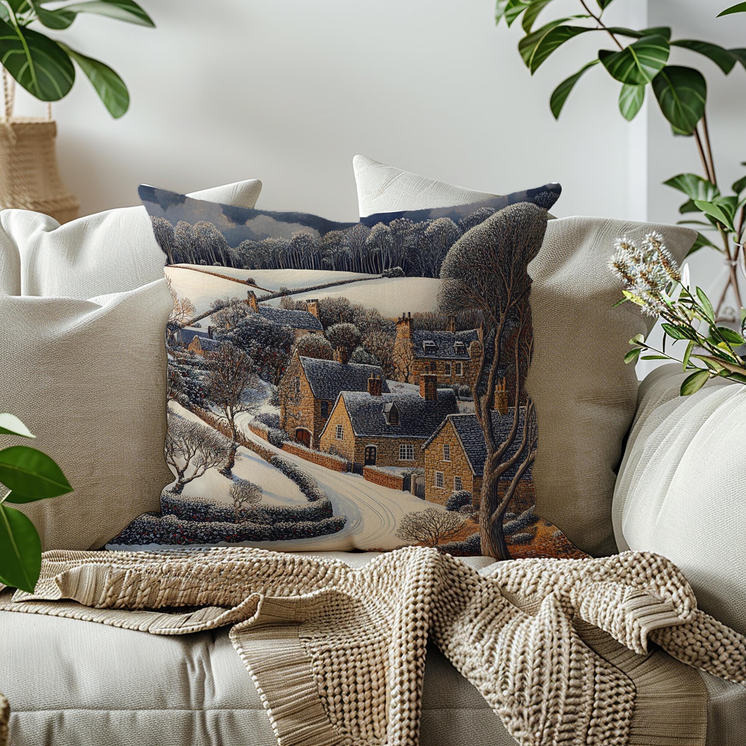 Snowy Stone Cottage Village Throw Pillow, Cozy Winter Countryside Cushion, Rustic Hillside Homes Pattern, Storybook Winter Accent Pillow