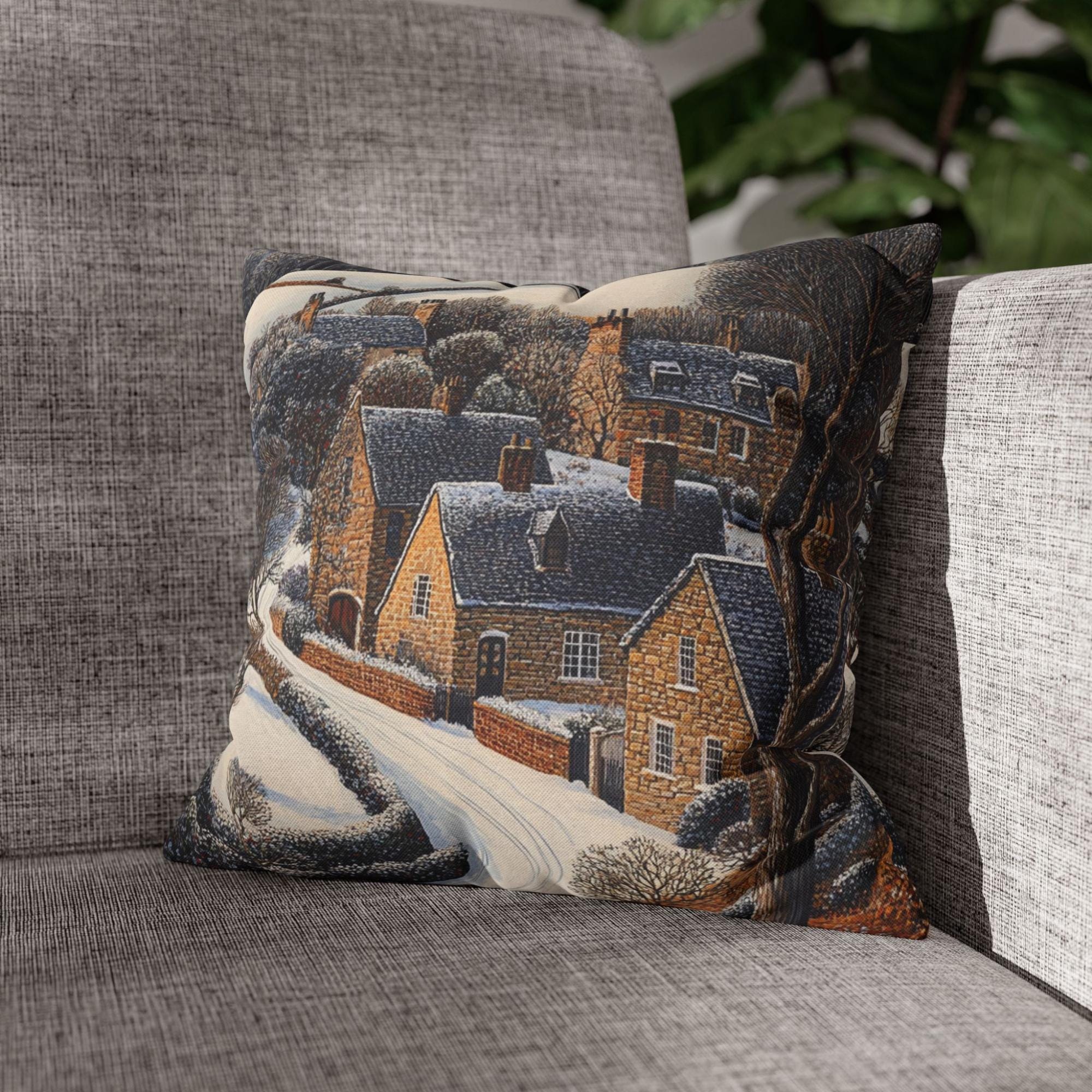 Snowy Stone Cottage Village Throw Pillow, Cozy Winter Countryside Cushion, Rustic Hillside Homes Pattern, Storybook Winter Accent Pillow