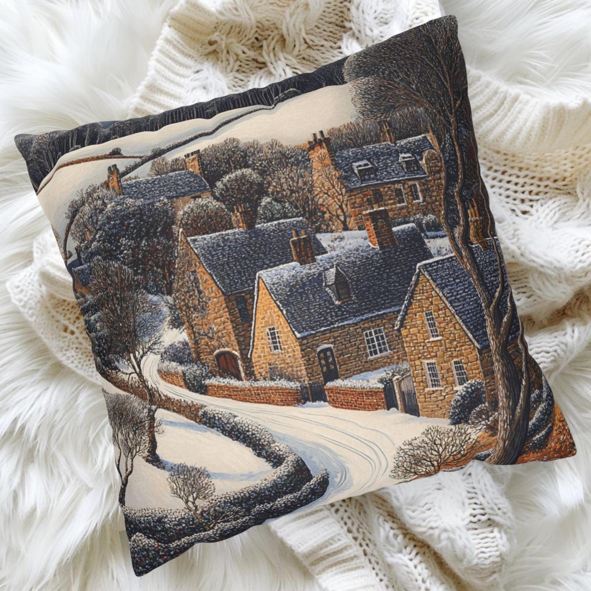Snowy Stone Cottage Village Throw Pillow, Cozy Winter Countryside Cushion, Rustic Hillside Homes Pattern, Storybook Winter Accent Pillow