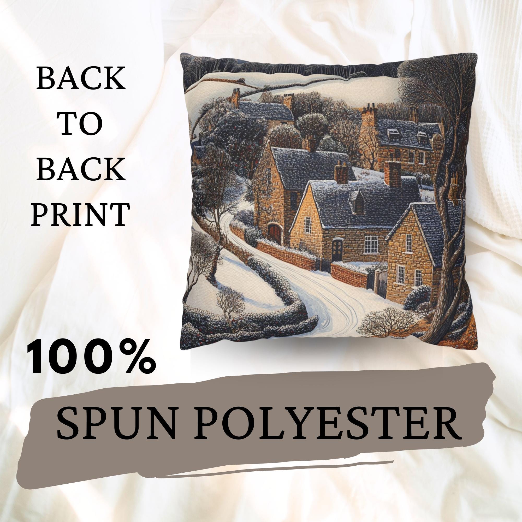 Snowy Stone Cottage Village Throw Pillow, Cozy Winter Countryside Cushion, Rustic Hillside Homes Pattern, Storybook Winter Accent Pillow