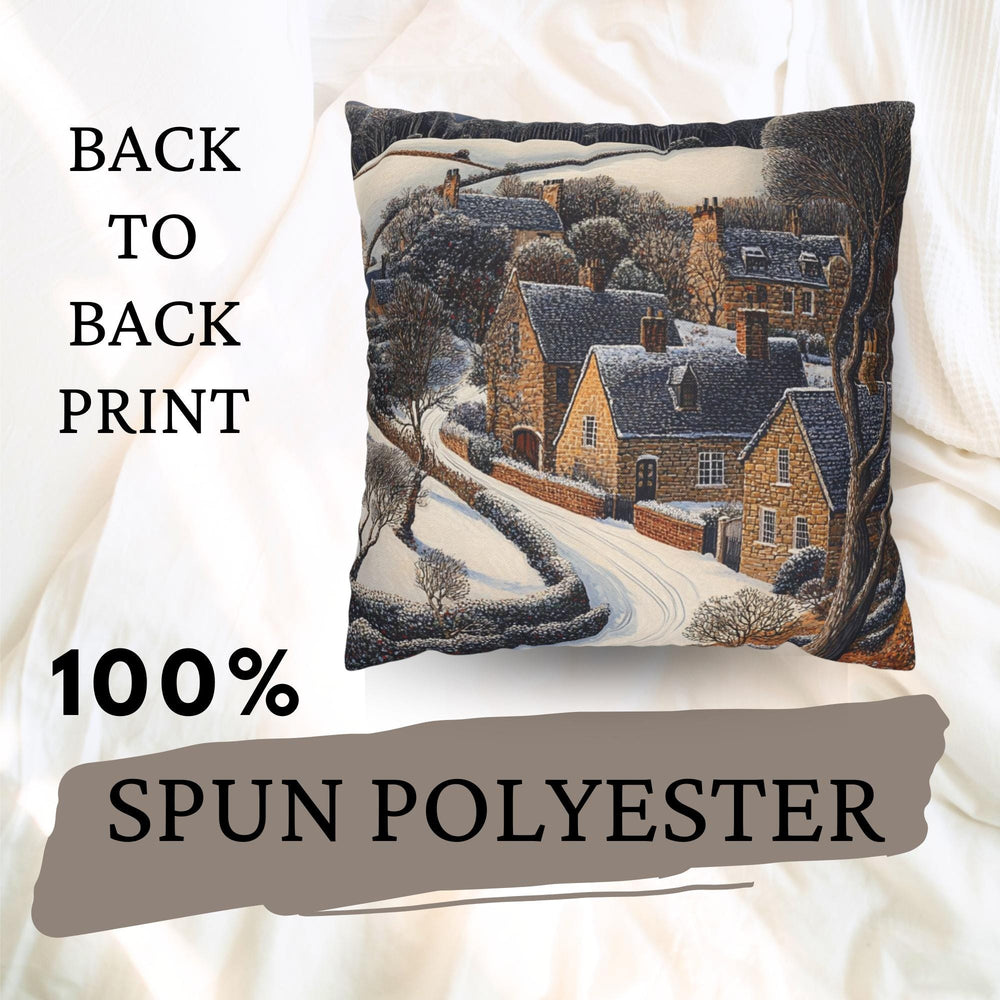 Snowy Stone Cottage Village Throw Pillow, Cozy Winter Countryside Cushion, Rustic Hillside Homes Pattern, Storybook Winter Accent Pillow