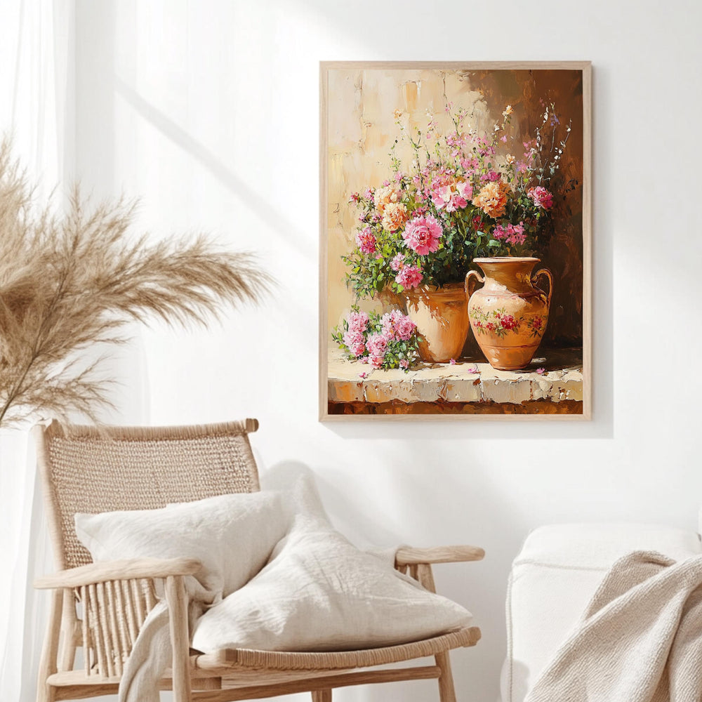 Blossoming Garden Pot Wall Art, Vintage Floral Bouquet Framed Canvas, Rustic Flower Vase Print, Cottage Botanical Poster, Elegant Home Decor