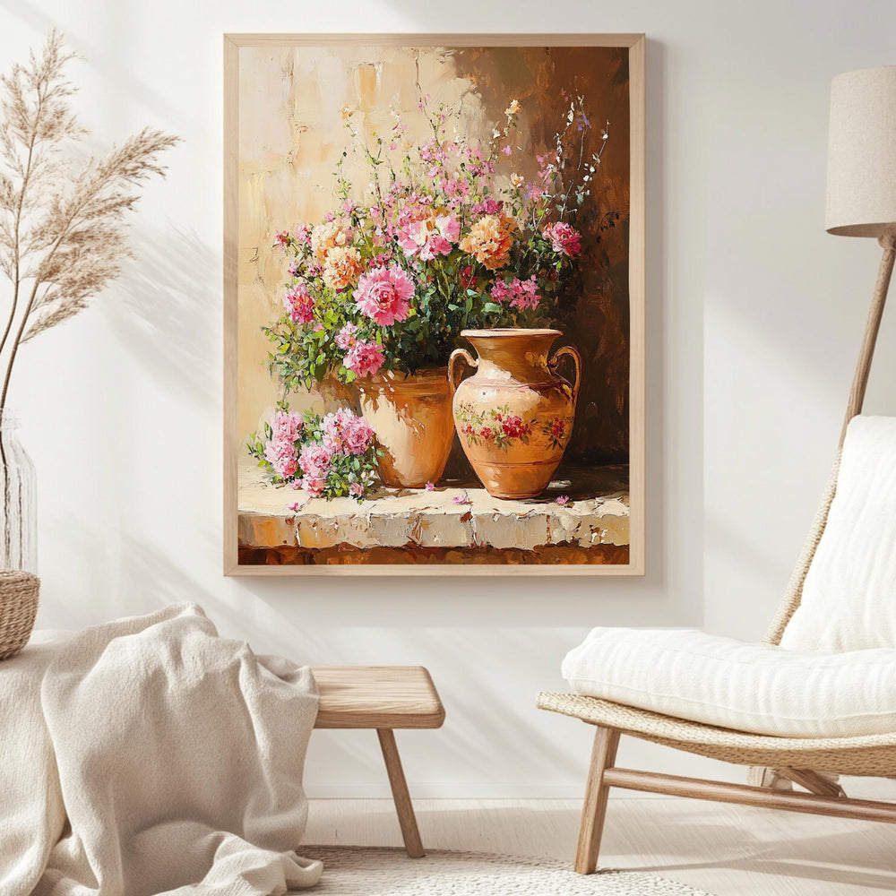Blossoming Garden Pot Wall Art, Vintage Floral Bouquet Framed Canvas, Rustic Flower Vase Print, Cottage Botanical Poster, Elegant Home Decor