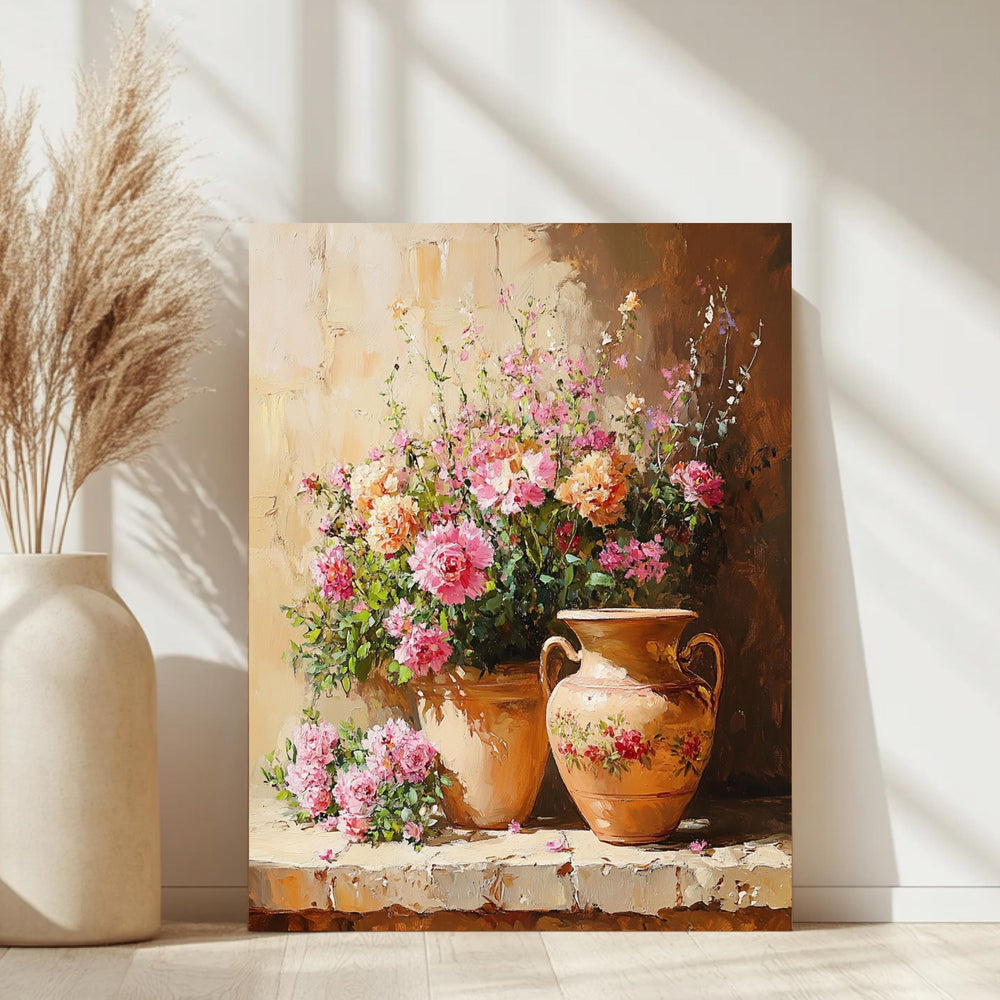 Blossoming Garden Pot Wall Art, Vintage Floral Bouquet Framed Canvas, Rustic Flower Vase Print, Cottage Botanical Poster, Elegant Home Decor