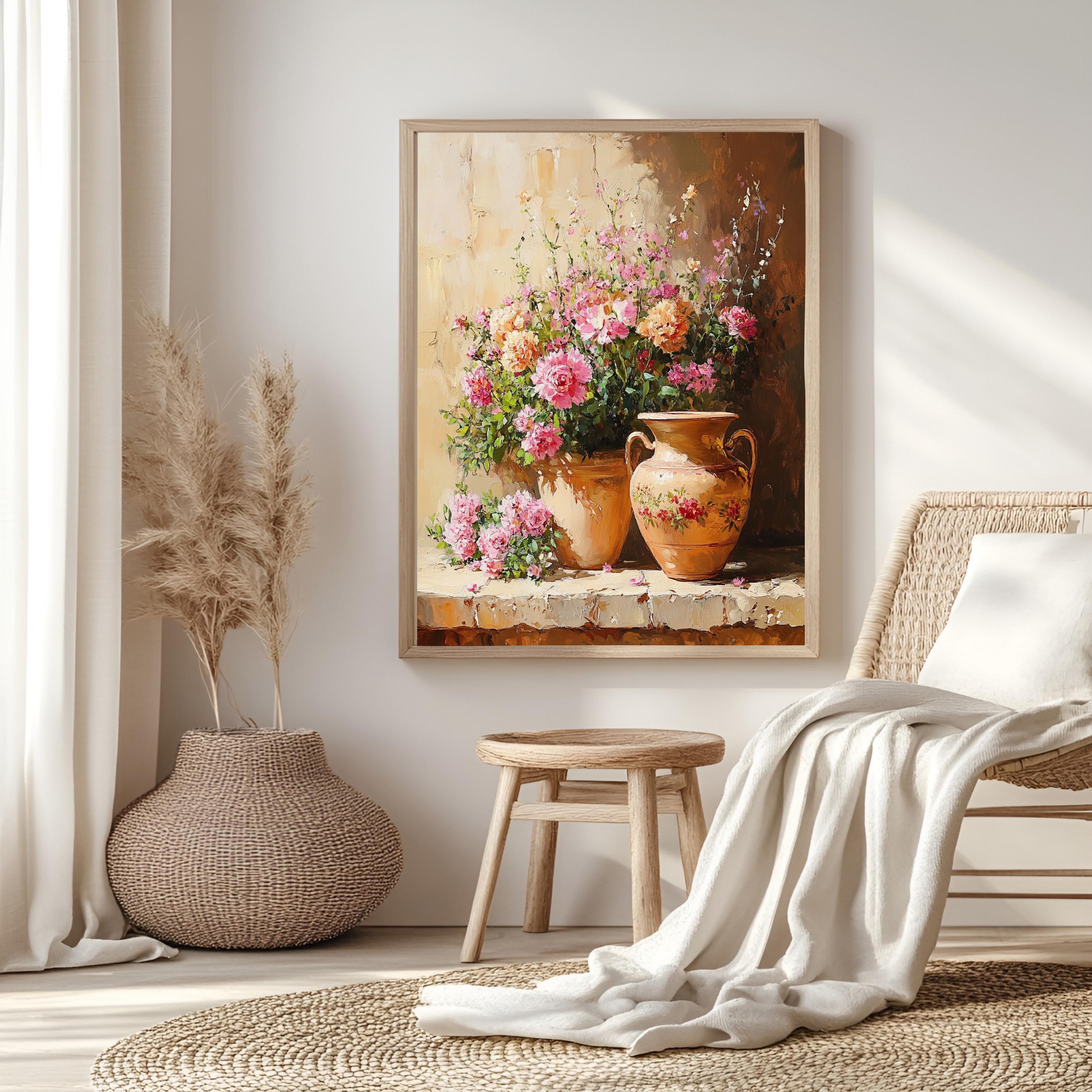 Blossoming Garden Pot Wall Art, Vintage Floral Bouquet Framed Canvas, Rustic Flower Vase Print, Cottage Botanical Poster, Elegant Home Decor