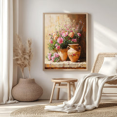Blossoming Garden Pot Wall Art, Vintage Floral Bouquet Framed Canvas, Rustic Flower Vase Print, Cottage Botanical Poster, Elegant Home Decor