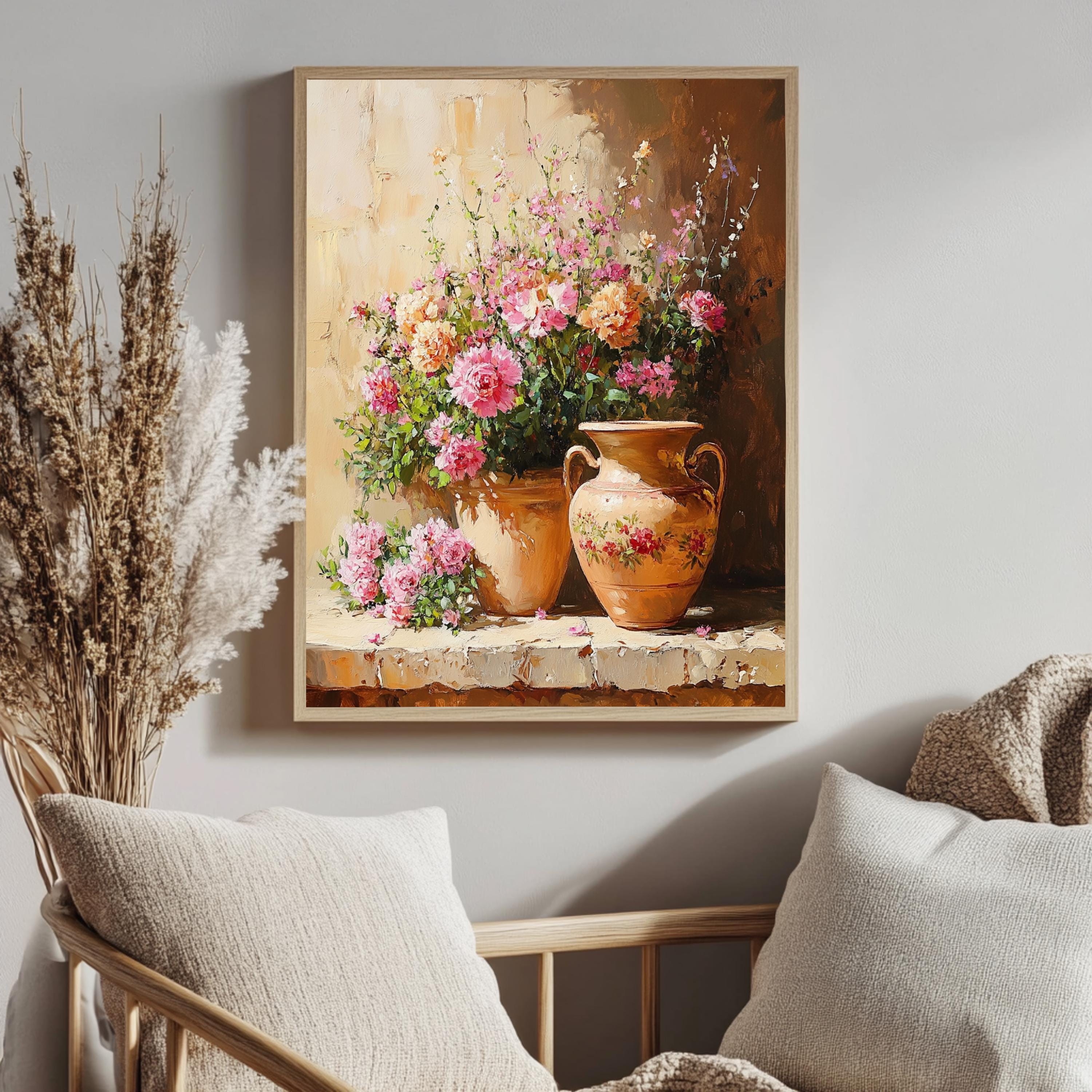 Blossoming Garden Pot Wall Art, Vintage Floral Bouquet Framed Canvas, Rustic Flower Vase Print, Cottage Botanical Poster, Elegant Home Decor