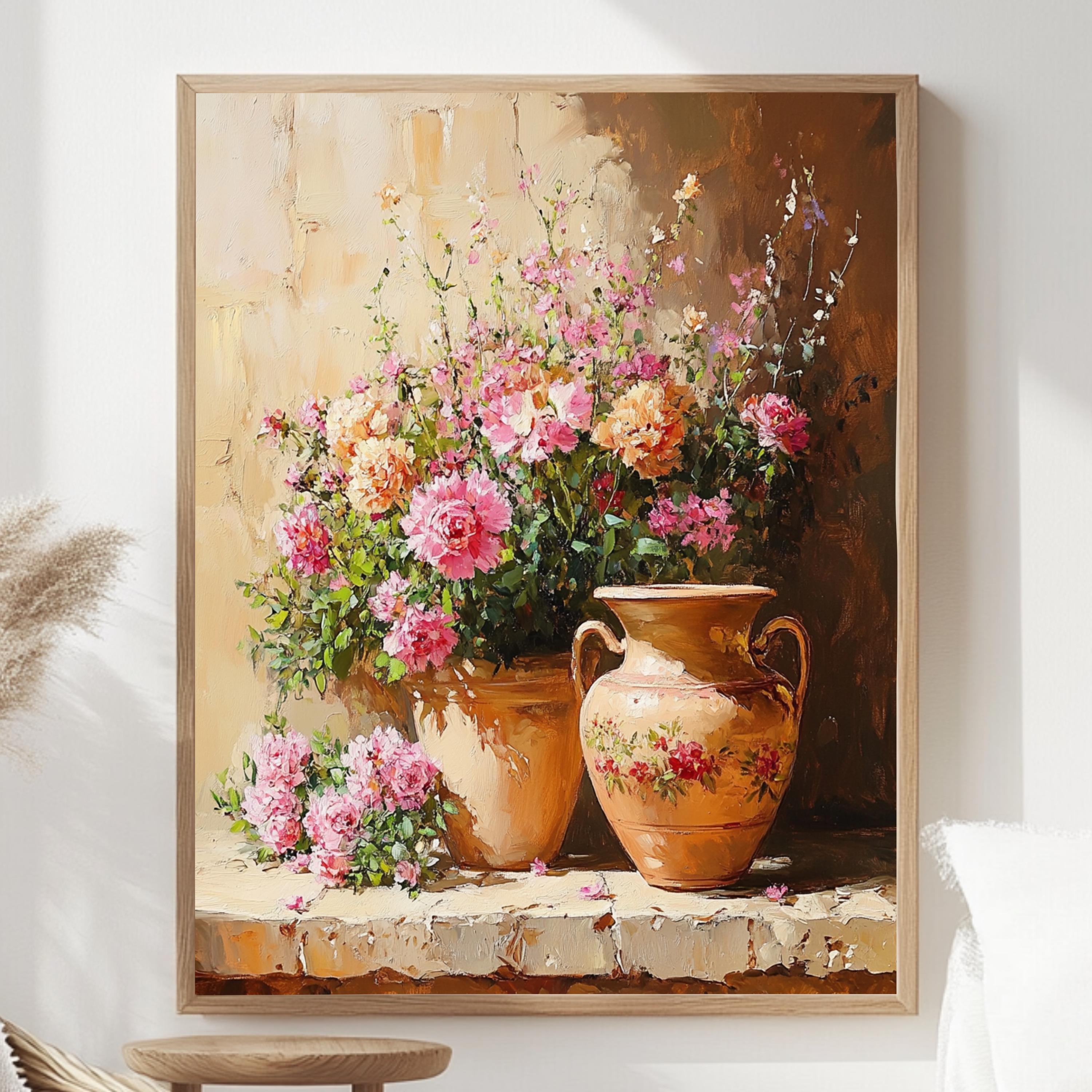 Blossoming Garden Pot Wall Art, Vintage Floral Bouquet Framed Canvas, Rustic Flower Vase Print, Cottage Botanical Poster, Elegant Home Decor