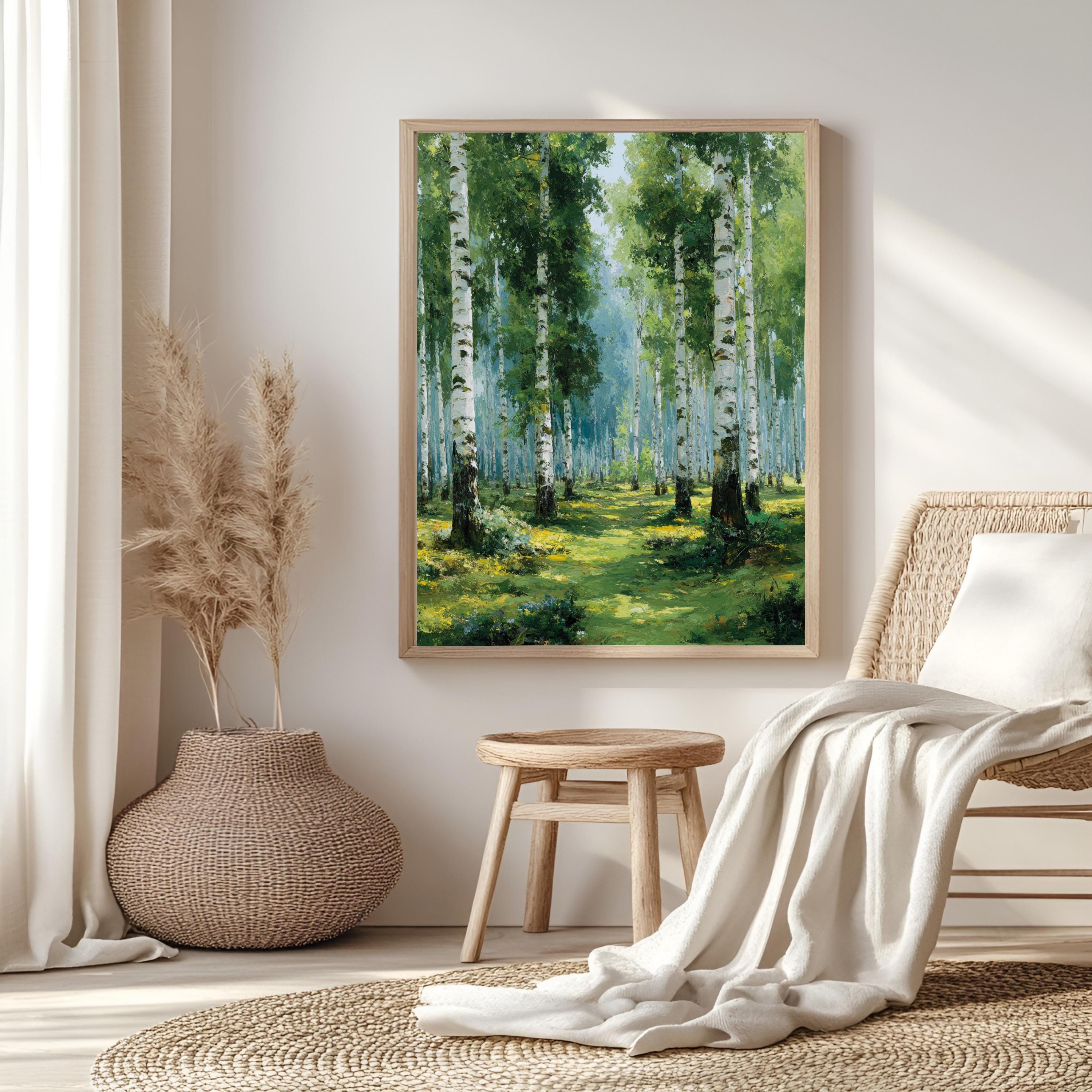 Birch Forest Wall Art, Soft Green Woodland Framed Canvas, Serene Nature Print, Tranquil Tree Wall Decor, Rustic Home Accent
