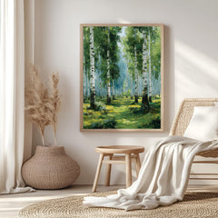 Birch Forest Wall Art, Soft Green Woodland Framed Canvas, Serene Nature Print, Tranquil Tree Wall Decor, Rustic Home Accent