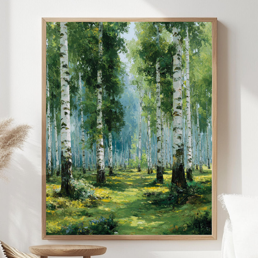 Birch Forest Wall Art, Soft Green Woodland Framed Canvas, Serene Nature Print, Tranquil Tree Wall Decor, Rustic Home Accent