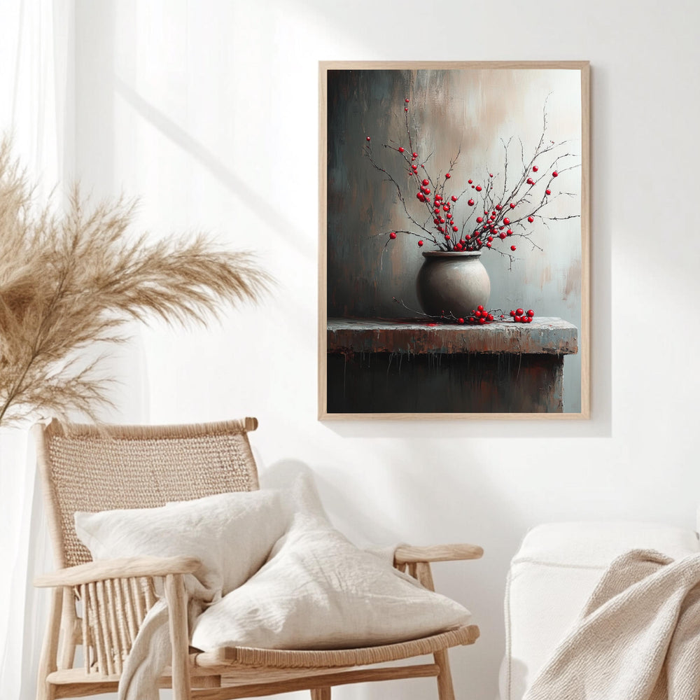 Moody Berry Branch Wall Art, Rustic Still Life Framed Canvas, Dark Neutral Pottery Print, Textured-Look Botanical Poster, Elegant Home Decor