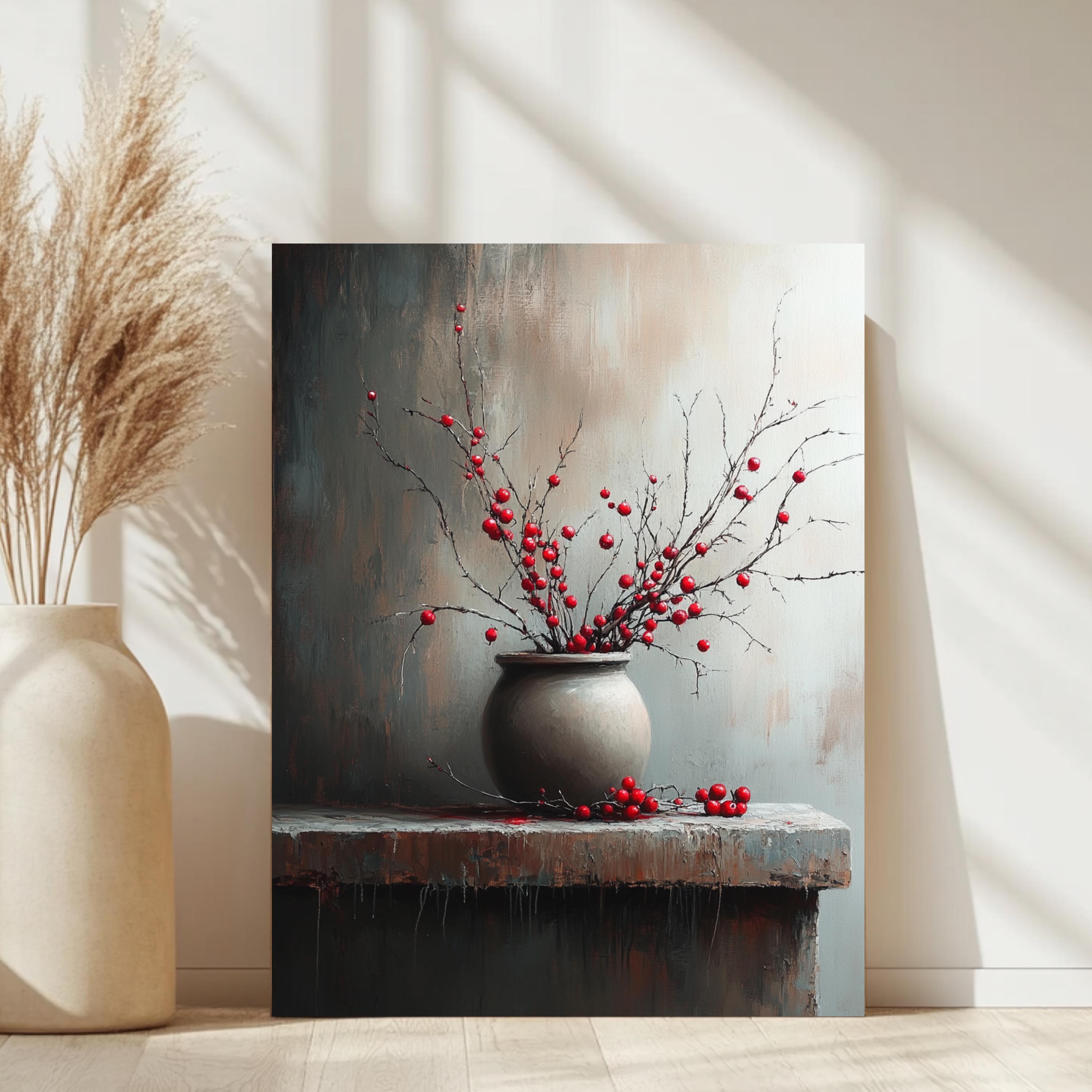 Moody Berry Branch Wall Art, Rustic Still Life Framed Canvas, Dark Neutral Pottery Print, Textured-Look Botanical Poster, Elegant Home Decor