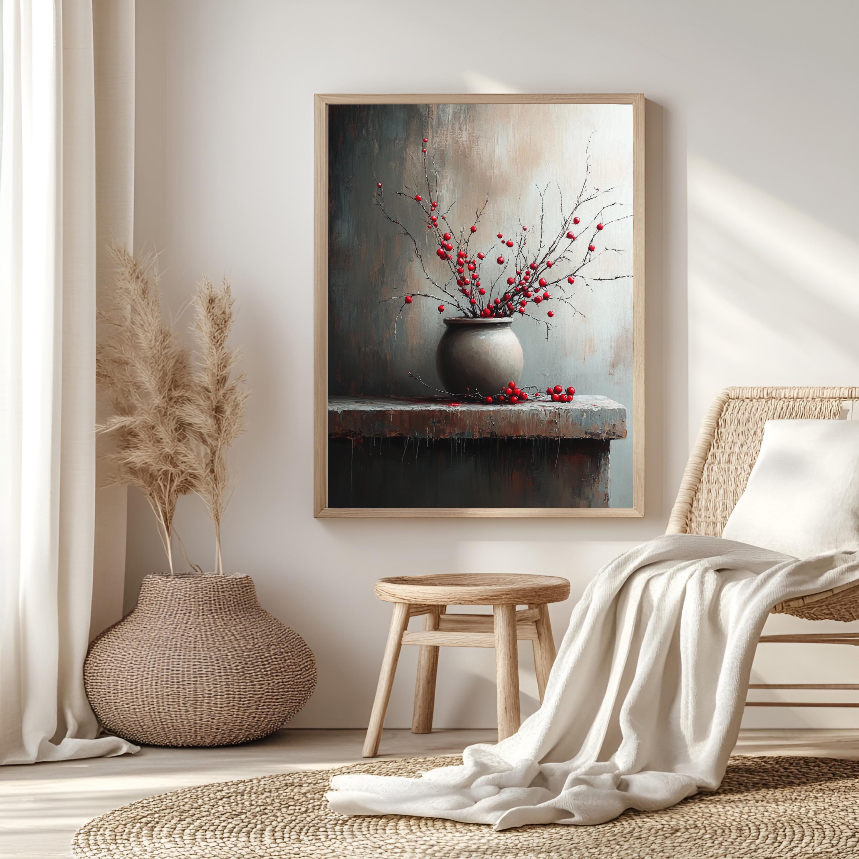 Moody Berry Branch Wall Art, Rustic Still Life Framed Canvas, Dark Neutral Pottery Print, Textured-Look Botanical Poster, Elegant Home Decor