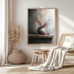Moody Berry Branch Wall Art, Rustic Still Life Framed Canvas, Dark Neutral Pottery Print, Textured-Look Botanical Poster, Elegant Home Decor