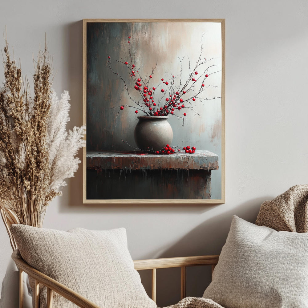 Moody Berry Branch Wall Art, Rustic Still Life Framed Canvas, Dark Neutral Pottery Print, Textured-Look Botanical Poster, Elegant Home Decor