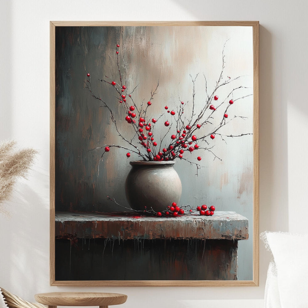 Moody Berry Branch Wall Art, Rustic Still Life Framed Canvas, Dark Neutral Pottery Print, Textured-Look Botanical Poster, Elegant Home Decor