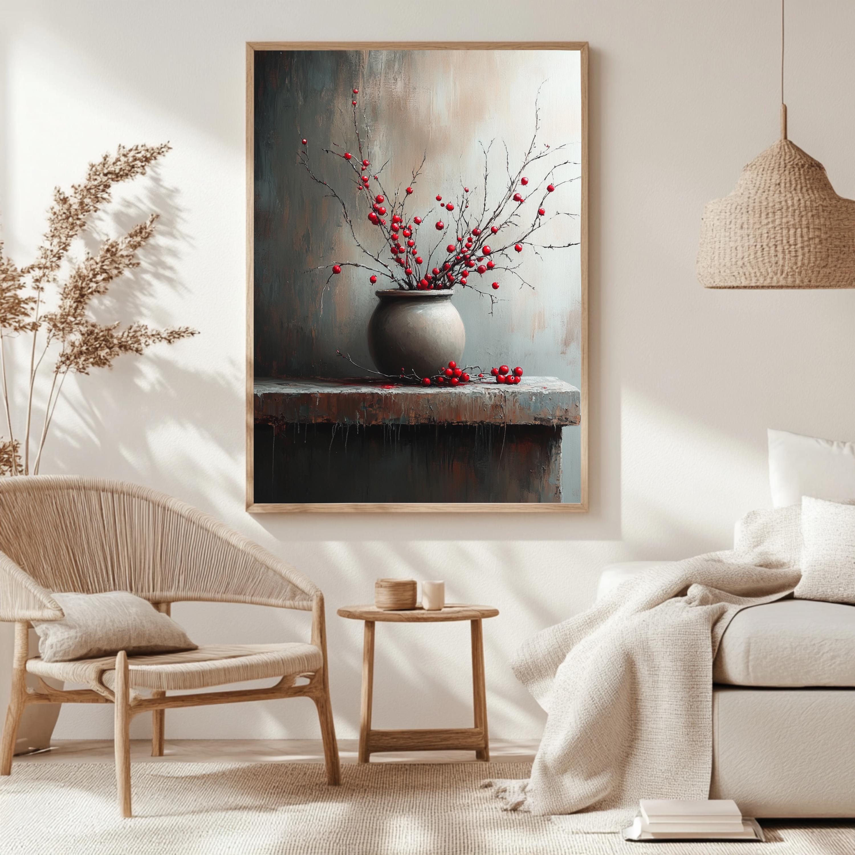 Moody Berry Branch Wall Art, Rustic Still Life Framed Canvas, Dark Neutral Pottery Print, Textured-Look Botanical Poster, Elegant Home Decor