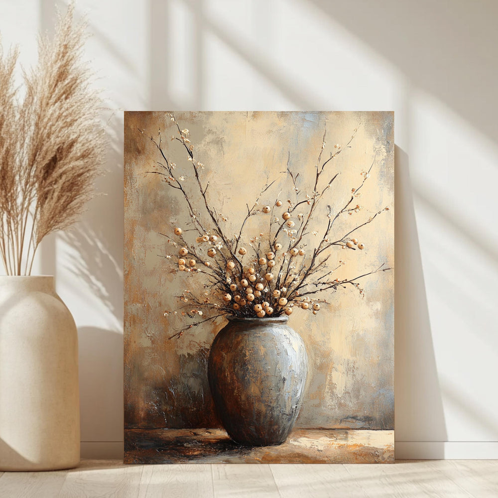 Neutral Berry Branch Wall Art, Rustic Still Life Framed Canvas, Warm Earth Tone Pottery Print, Minimal Botanical Artwork, Cozy Home Decor