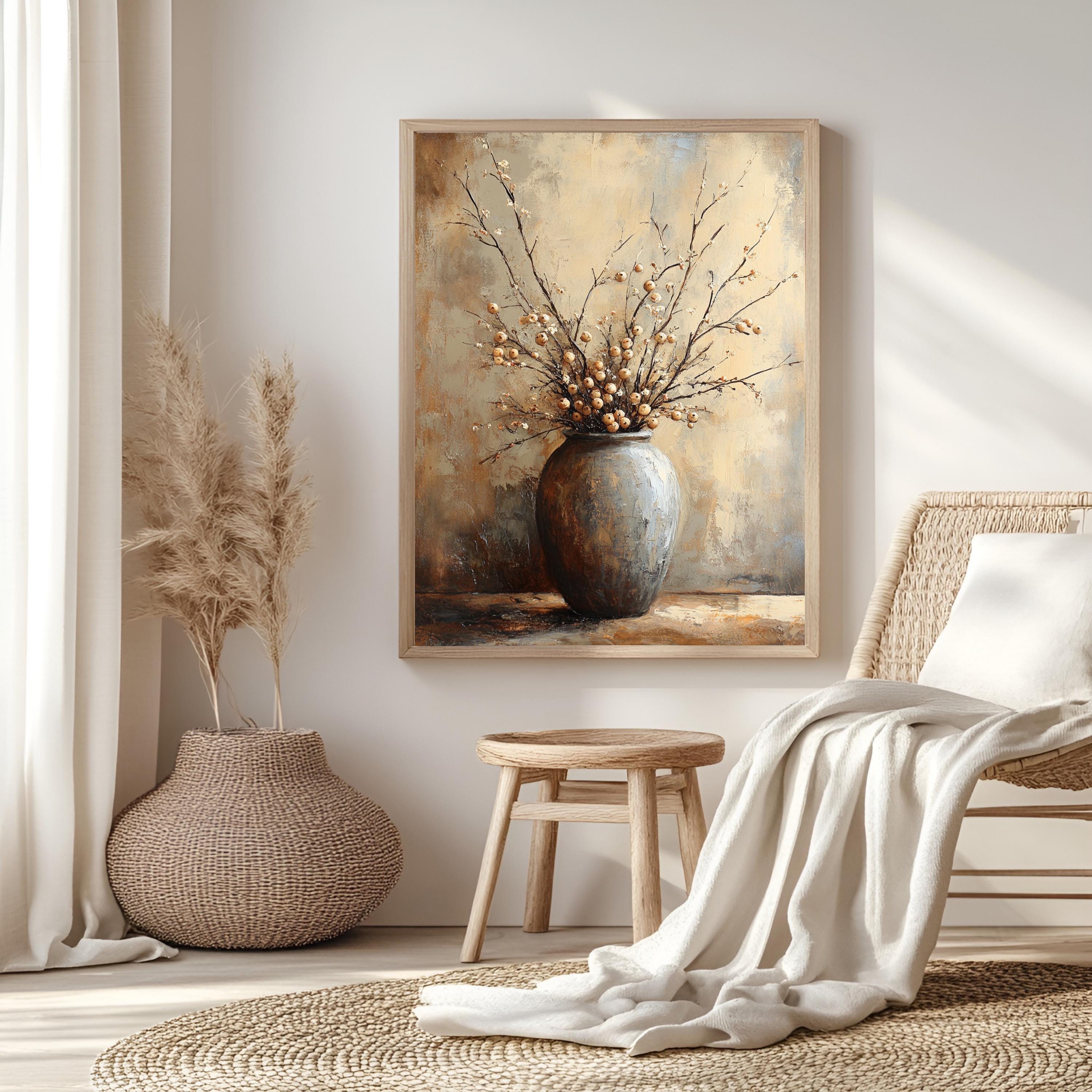 Neutral Berry Branch Wall Art, Rustic Still Life Framed Canvas, Warm Earth Tone Pottery Print, Minimal Botanical Artwork, Cozy Home Decor