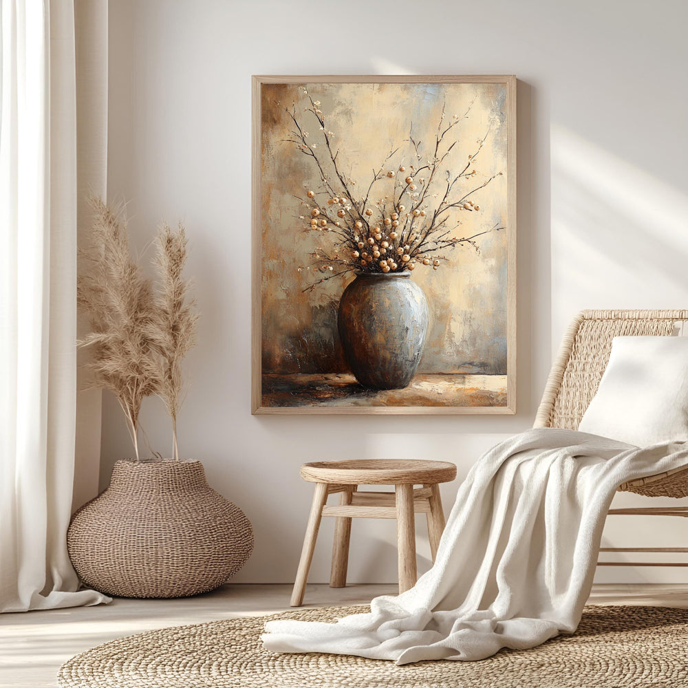 Neutral Berry Branch Wall Art, Rustic Still Life Framed Canvas, Warm Earth Tone Pottery Print, Minimal Botanical Artwork, Cozy Home Decor