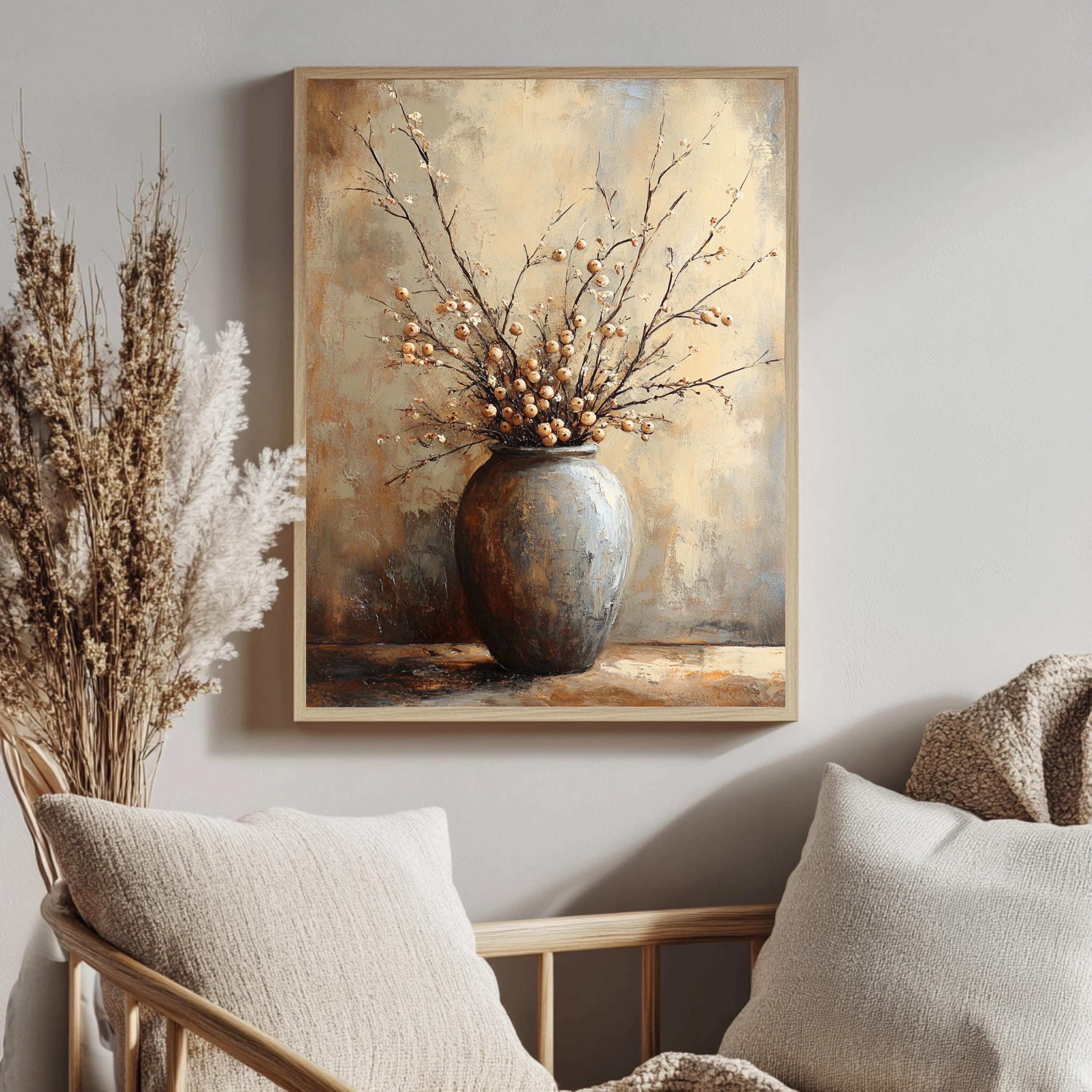 Neutral Berry Branch Wall Art, Rustic Still Life Framed Canvas, Warm Earth Tone Pottery Print, Minimal Botanical Artwork, Cozy Home Decor