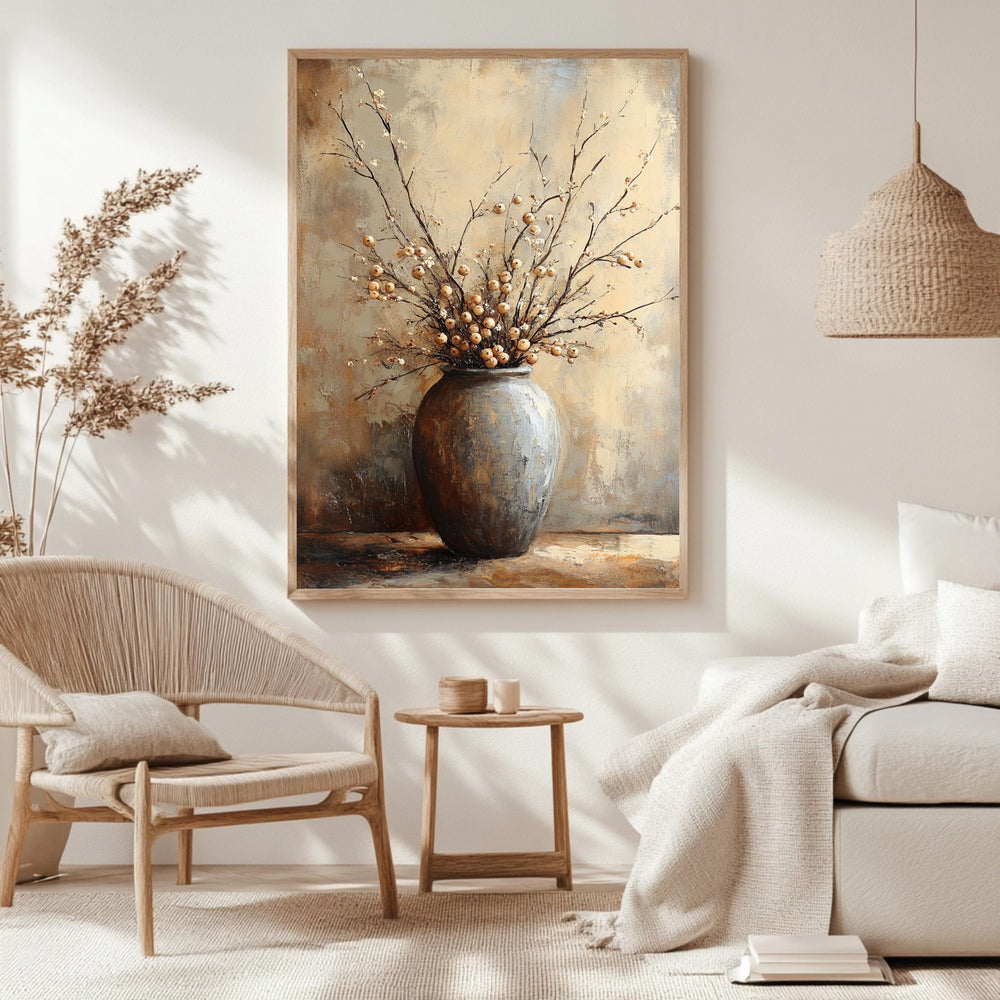 Neutral Berry Branch Wall Art, Rustic Still Life Framed Canvas, Warm Earth Tone Pottery Print, Minimal Botanical Artwork, Cozy Home Decor
