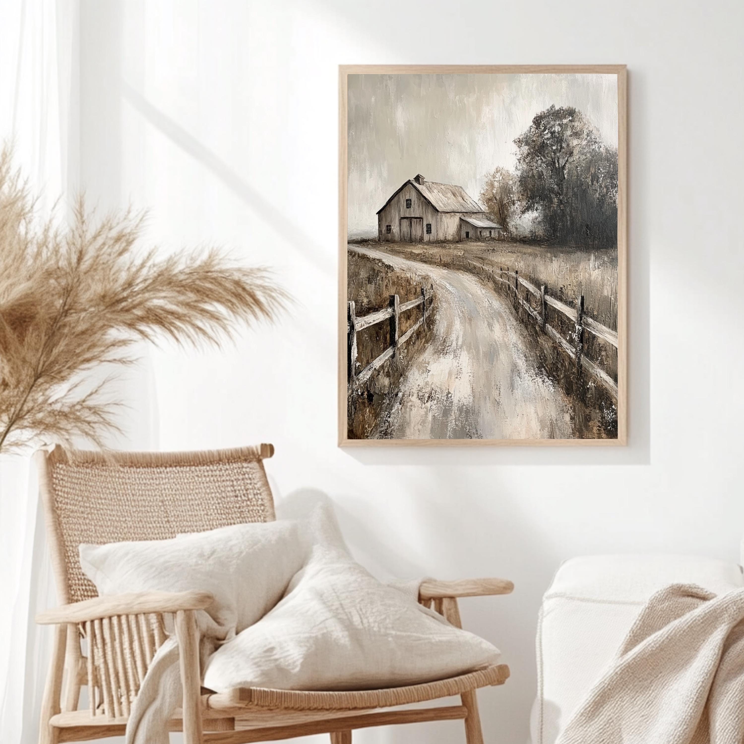 Rustic Farmhouse Barn Wall Art, Neutral Country Landscape Framed Canvas, Weathered Barn Print, Vintage Rural Artwork, Cozy Home Decor