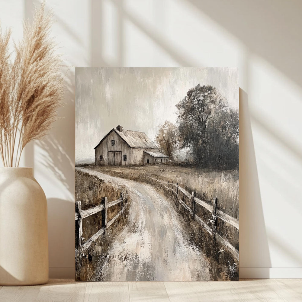 Rustic Farmhouse Barn Wall Art, Neutral Country Landscape Framed Canvas, Weathered Barn Print, Vintage Rural Artwork, Cozy Home Decor