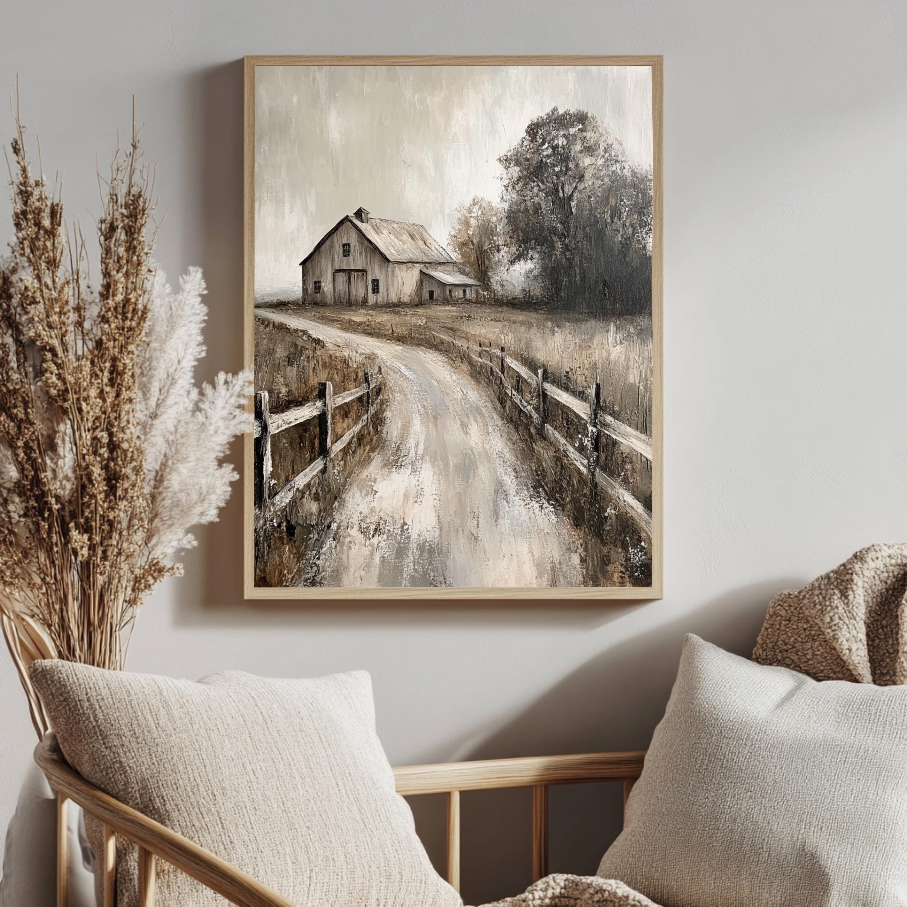 Rustic Farmhouse Barn Wall Art, Neutral Country Landscape Framed Canvas, Weathered Barn Print, Vintage Rural Artwork, Cozy Home Decor