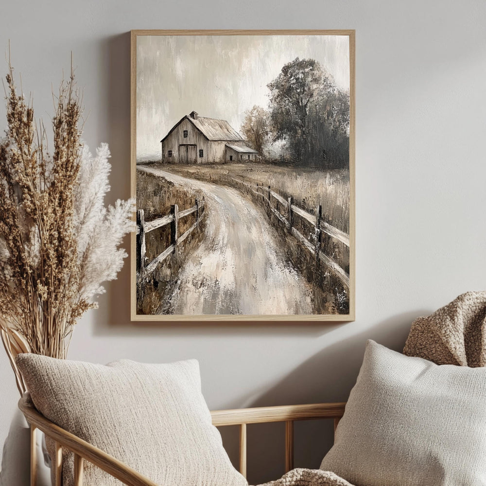 Rustic Farmhouse Barn Wall Art, Neutral Country Landscape Framed Canvas, Weathered Barn Print, Vintage Rural Artwork, Cozy Home Decor