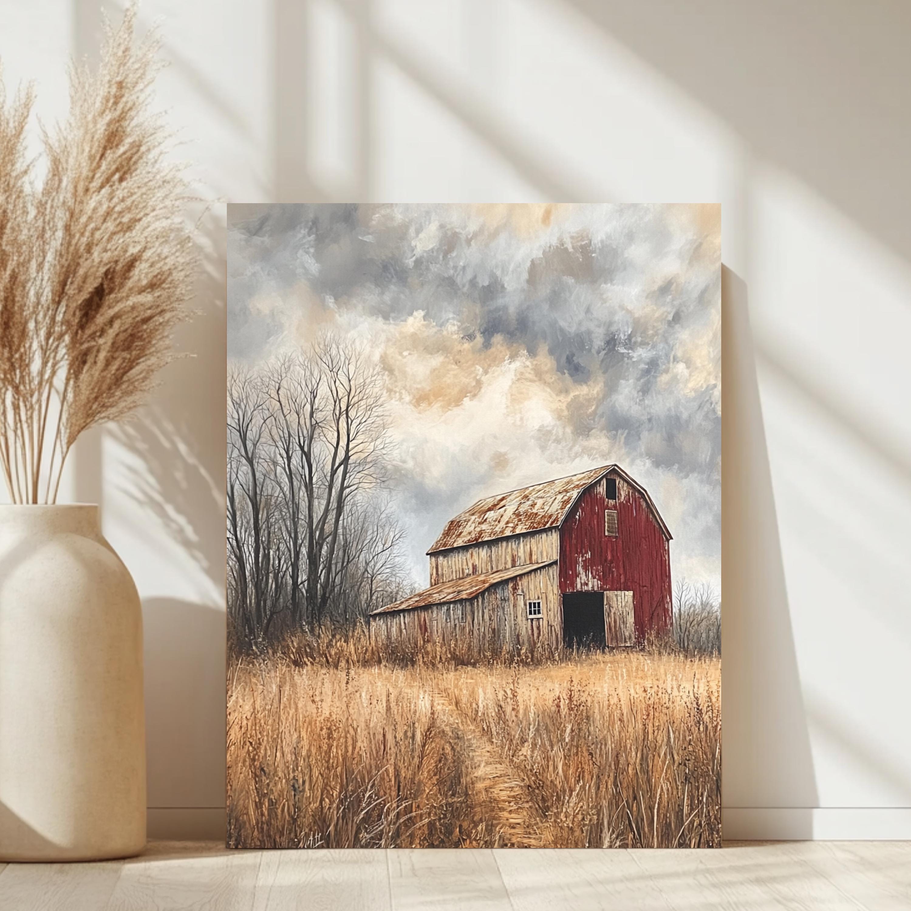 Rustic Red Barn Wall Art, Weathered Country Farm Framed Canvas, Moody Rural Landscape Print, Vintage Barn Artwork, Farmhouse Home Decor