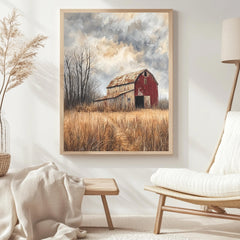 Rustic Red Barn Wall Art, Weathered Country Farm Framed Canvas, Moody Rural Landscape Print, Vintage Barn Artwork, Farmhouse Home Decor