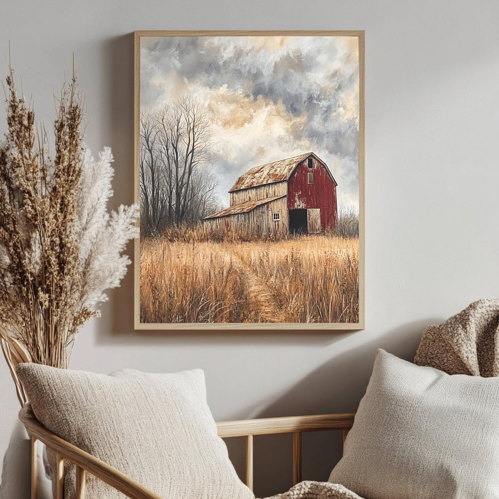 Rustic Red Barn Wall Art, Weathered Country Farm Framed Canvas, Moody Rural Landscape Print, Vintage Barn Artwork, Farmhouse Home Decor