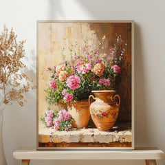 Blossoming Garden Pot Wall Art, Vintage Floral Bouquet Framed Canvas, Rustic Flower Vase Print, Cottage Botanical Poster, Elegant Home Decor