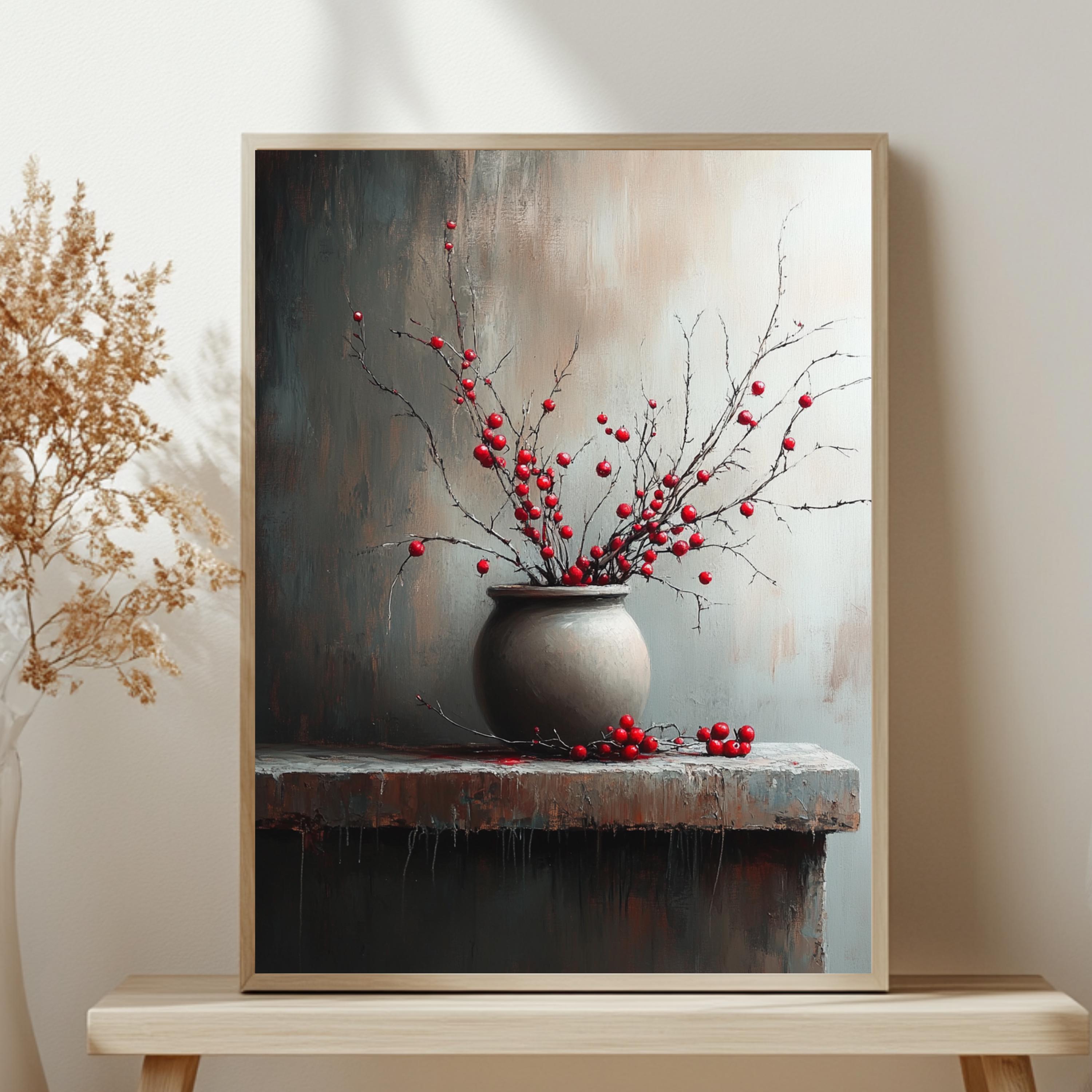 Moody Berry Branch Wall Art, Rustic Still Life Framed Canvas, Dark Neutral Pottery Print, Textured-Look Botanical Poster, Elegant Home Decor