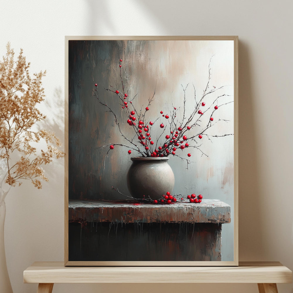Moody Berry Branch Wall Art, Rustic Still Life Framed Canvas, Dark Neutral Pottery Print, Textured-Look Botanical Poster, Elegant Home Decor
