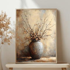 Neutral Berry Branch Wall Art, Rustic Still Life Framed Canvas, Warm Earth Tone Pottery Print, Minimal Botanical Artwork, Cozy Home Decor
