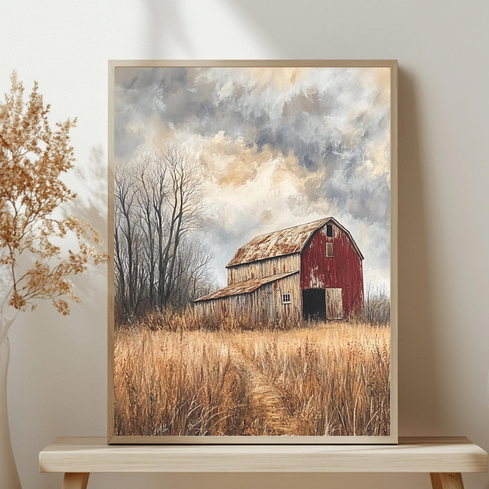 Rustic Red Barn Wall Art, Weathered Country Farm Framed Canvas, Moody Rural Landscape Print, Vintage Barn Artwork, Farmhouse Home Decor