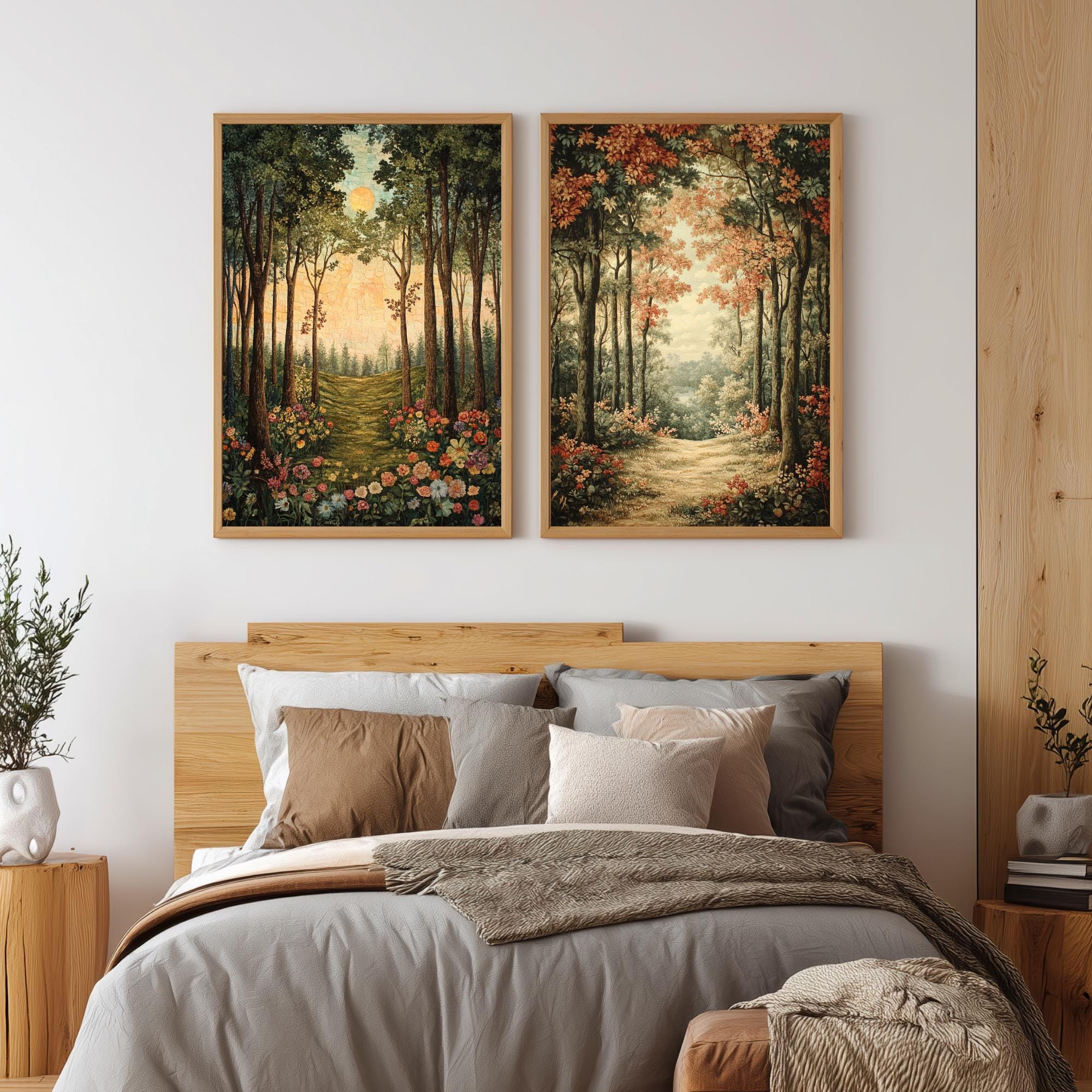 Set of 2 Forest Path Wall Art, Woodland Trail Framed Canvas, Earthy Tree Landscape Prints, Nature-Inspired Artwork, Serene Rustic Home Decor