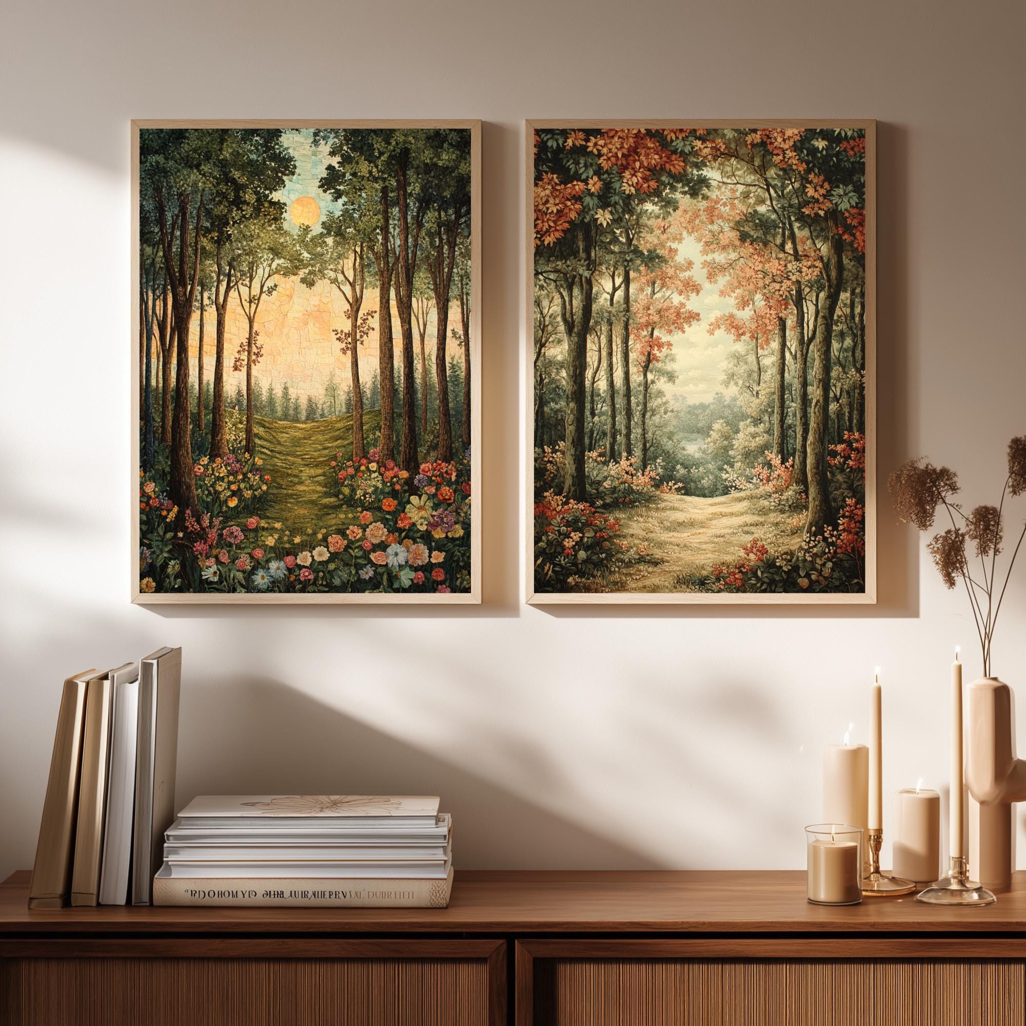 Set of 2 Forest Path Wall Art, Woodland Trail Framed Canvas, Earthy Tree Landscape Prints, Nature-Inspired Artwork, Serene Rustic Home Decor